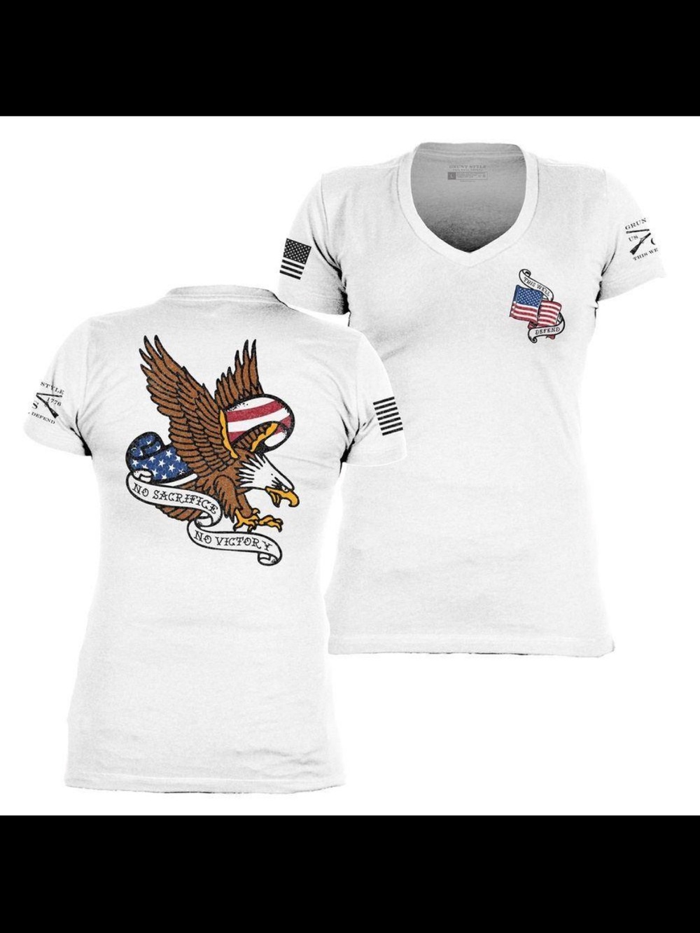 Grunt Style Women's White V-Neck Tee with American Flag Patch